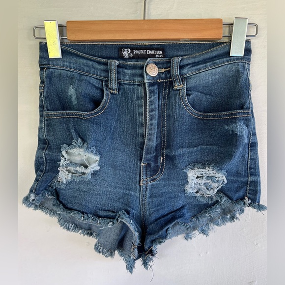 Project Eighteen Distressed High Waisted Denim Jeans Shorts - Picture 1 of 3